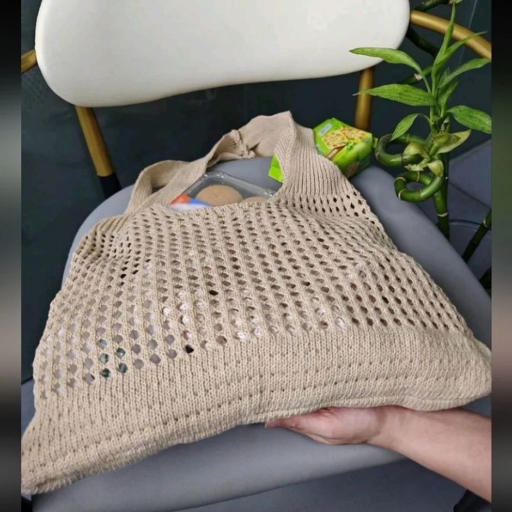 Boho Crochet Apricot Cream Tote Shoulder Bag Beach Bag
